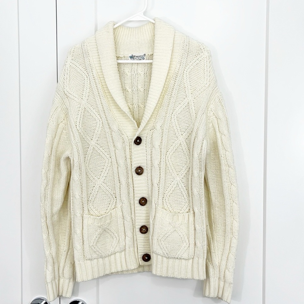 Vintage Kraft Medium Cream Knit Button Down Grandpa Cardigan with Pockets